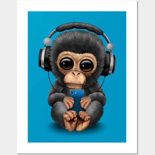 Chimpanzee Dj with Headphones and Cell Phone Posters and Art